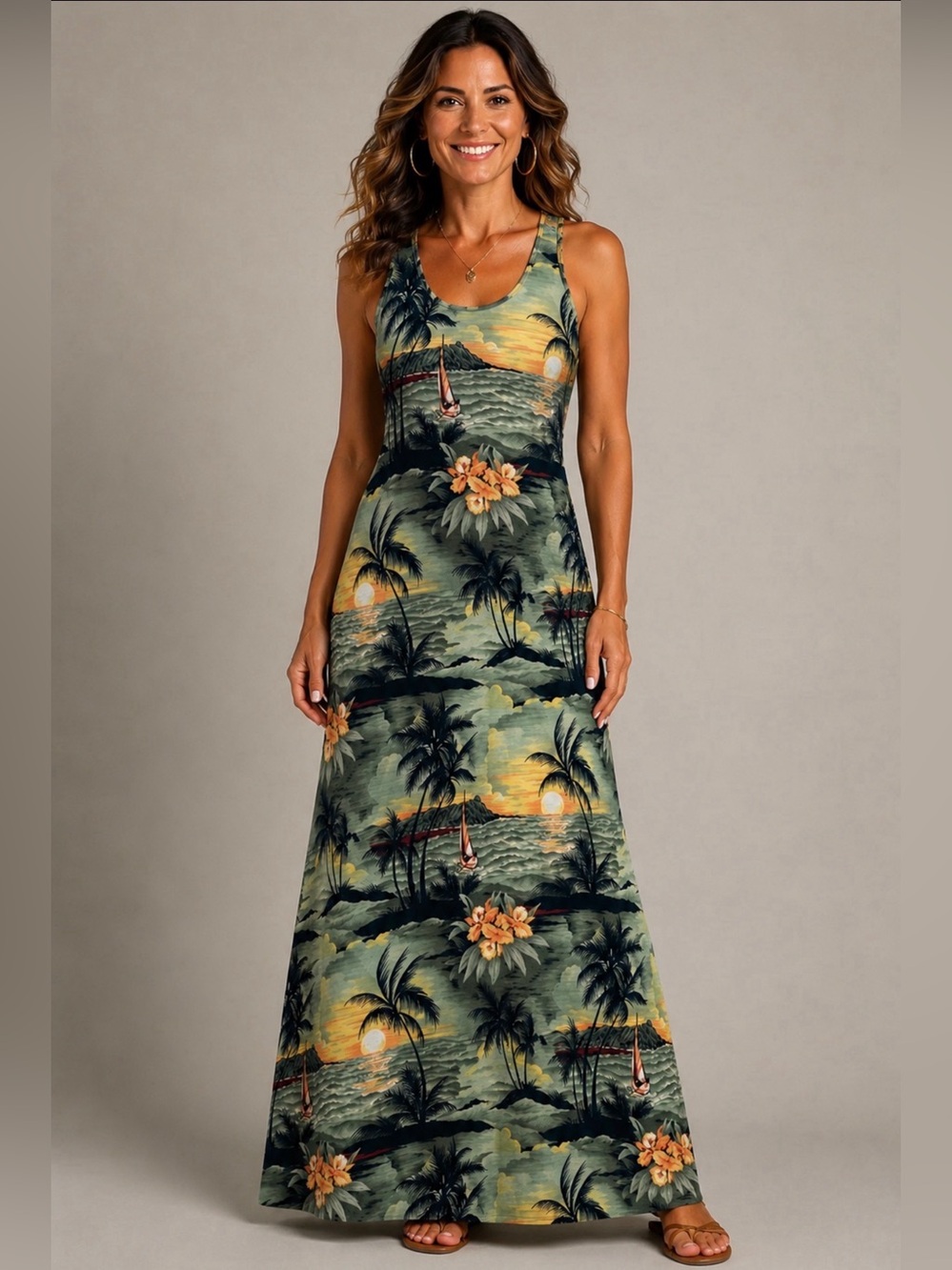 American Vintage Olive Tropical-Print Maxi Dress